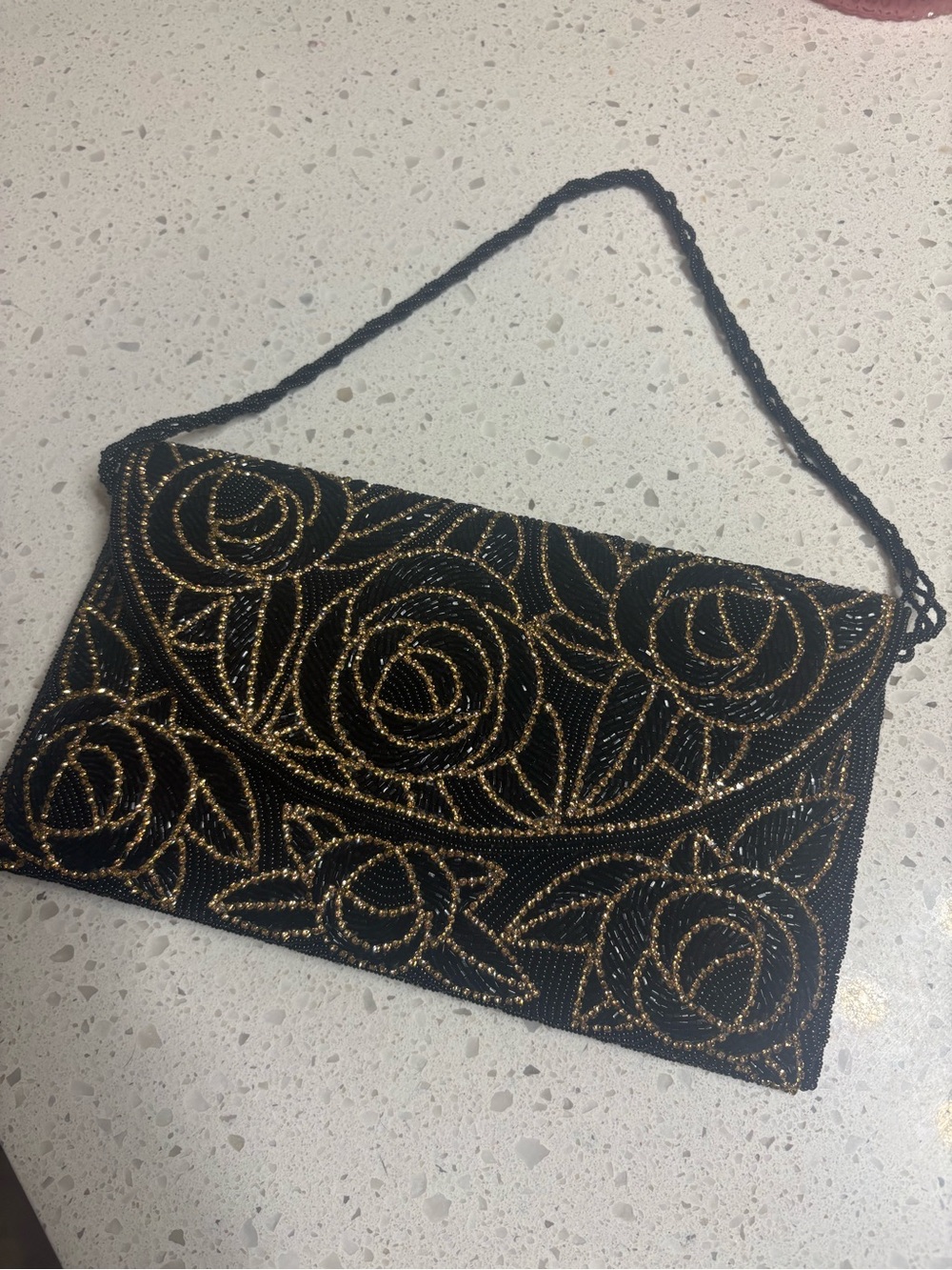 Antique Dulhans Diary Black Beaded Floral Envelope Clutch with bronze crystals